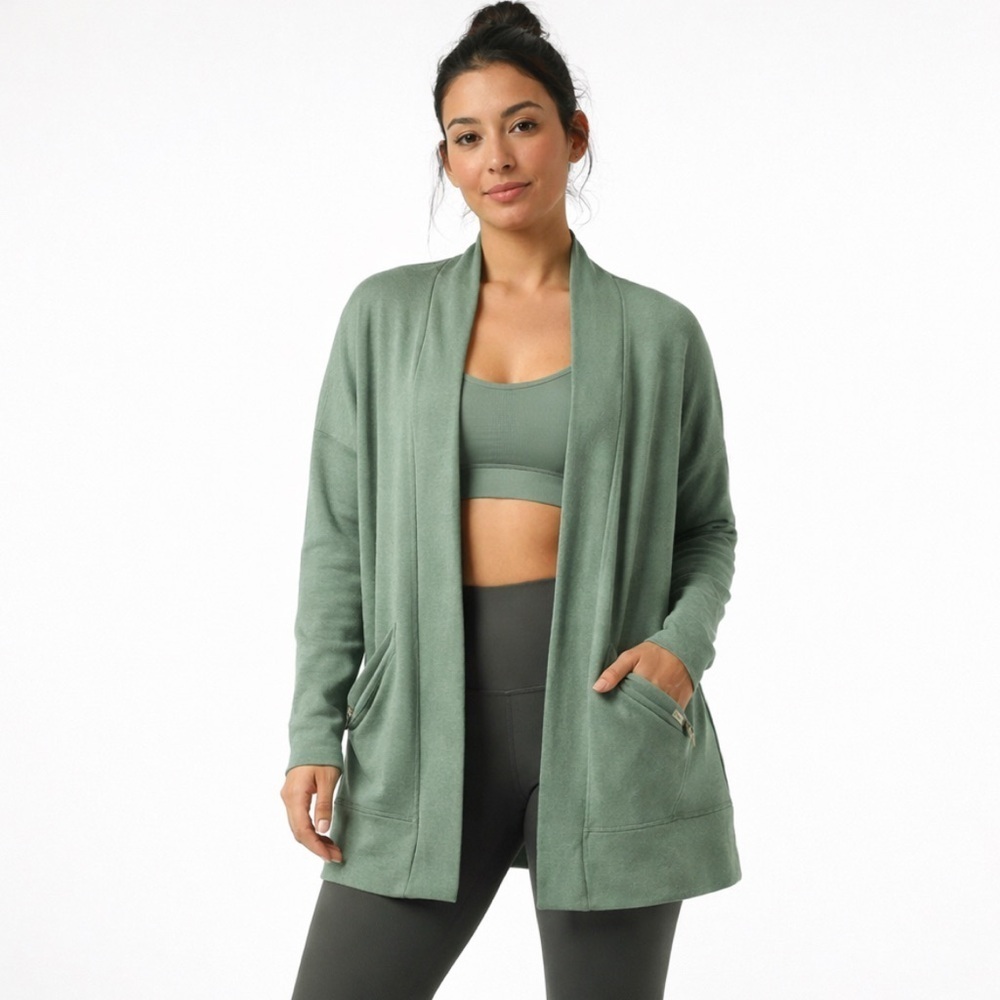 Prana Women Cardigan Open Front Pockets Medium Sage Green Soft Jersey Knit